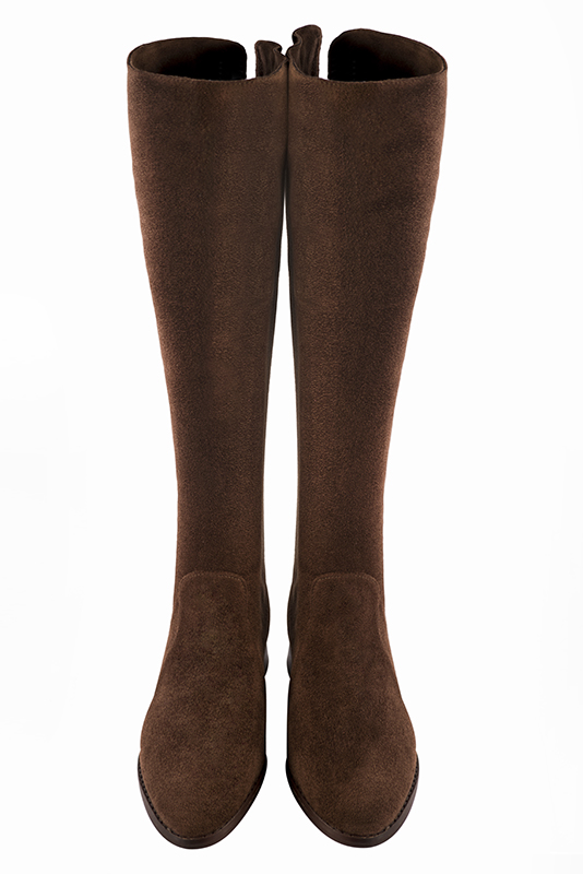 Chocolate brown women's knee-high boots, with laces at the back. Round toe. Flat leather soles. Made to measure. Top view - Florence KOOIJMAN